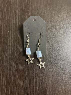 Blue Lace Agate and Textured Star Dangle Drop Earrings
